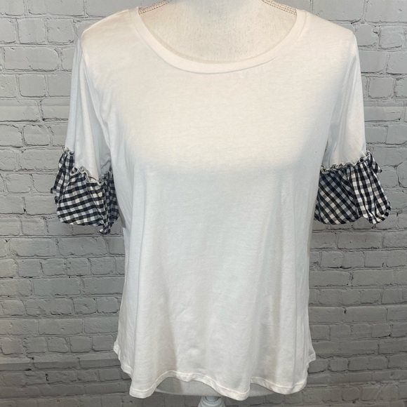 PAPER + TEE T-Shirt Ruffled Sleeve White w Black/White Checks-Large - Picture 1 of 3